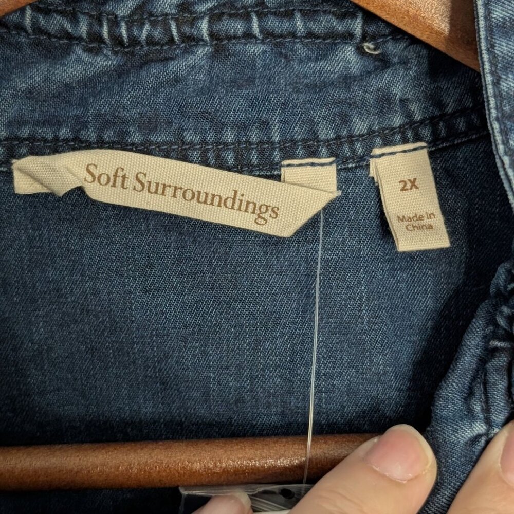 Soft Surroundings Women 2X Tencel Denim Button-Up Shirt Ruffle Collar Split Cuff - Picture 5 of 14